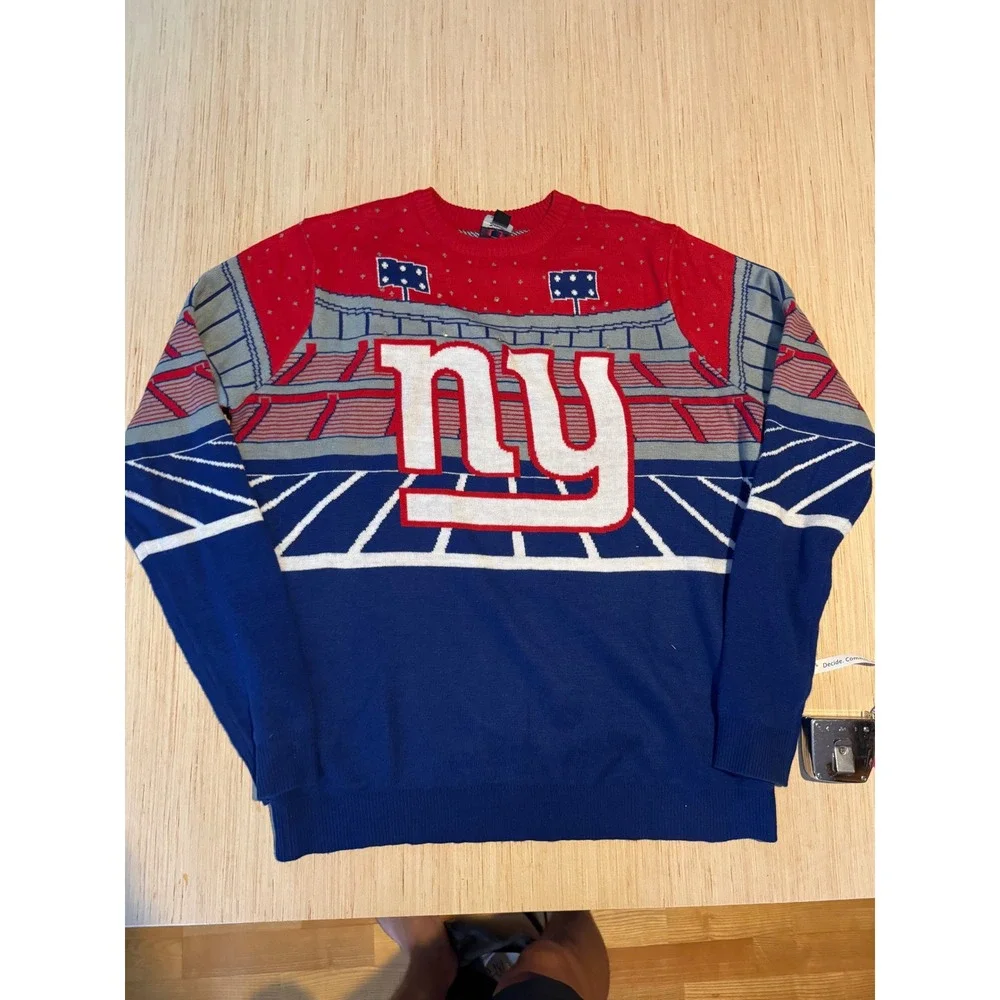 NFL Team Apparel New York Giants Ugly Christmas Sweater Mens XL Blue Red Stadium